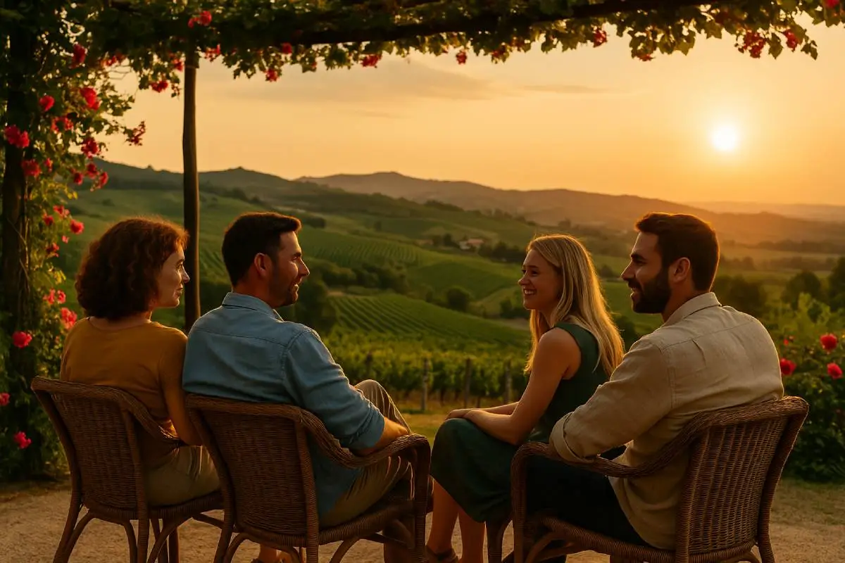 Turisti stranieri con vista sulle colline dell’Oltrepò Pavese al tramonto
