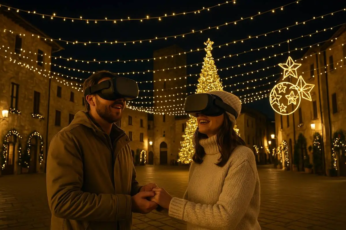 Coppia con visori VR in un borgo italiano illuminato a Natale tra luci e albero festivo.