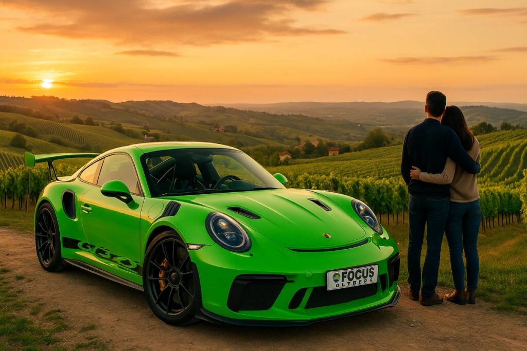 Porsche 911 verde tra i vigneti dell’Oltrepò Pavese al tramonto con coppia che osserva il panorama