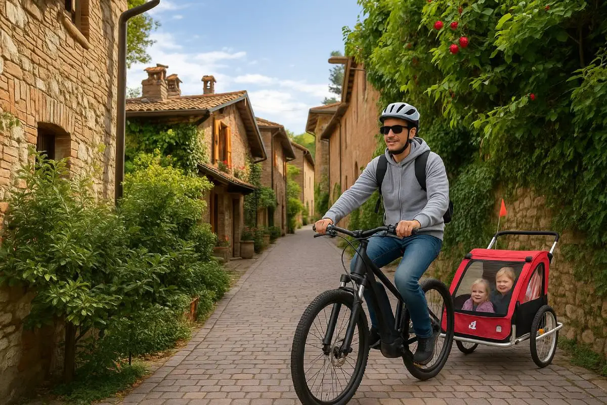 Ciclista in Oltrepò Pavese che percorre un borgo storico con bici ed ebike trainando un carrellino per bambini, simbolo del cicloturismo sostenibile tra borghi e natura