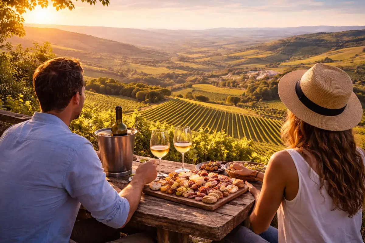 Coppia che fa aperitivo con vino e prodotti tipici davanti ai vigneti dell’Oltrepò Pavese al tramonto