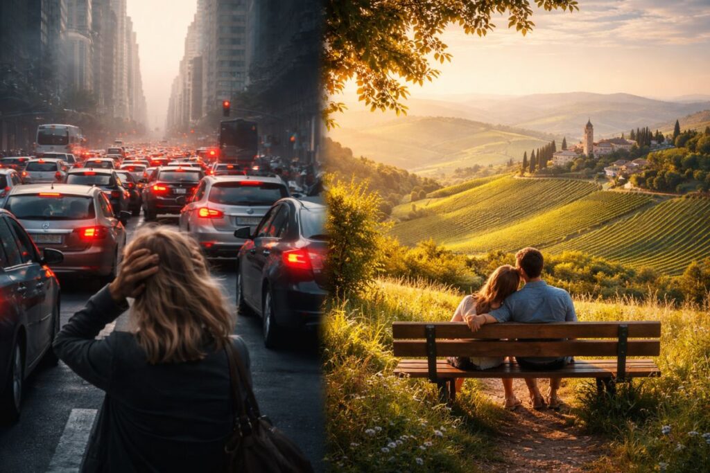 Contrasto tra traffico e stress della città e il relax delle colline dell’Oltrepò Pavese tra vigneti e paesaggi naturali