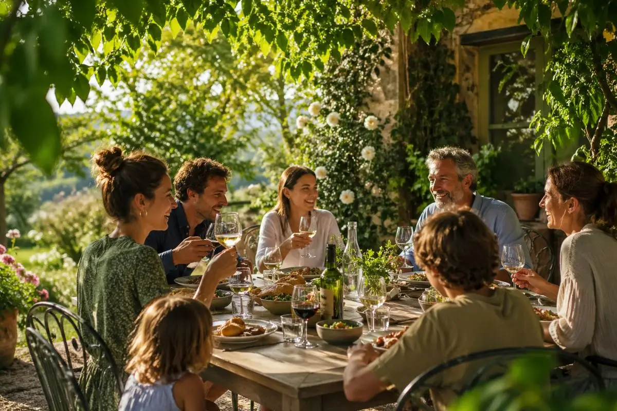 Famiglia e amici che pranzano all’aria aperta in un giardino durante una giornata primaverile, tavola conviviale immersa nella natura