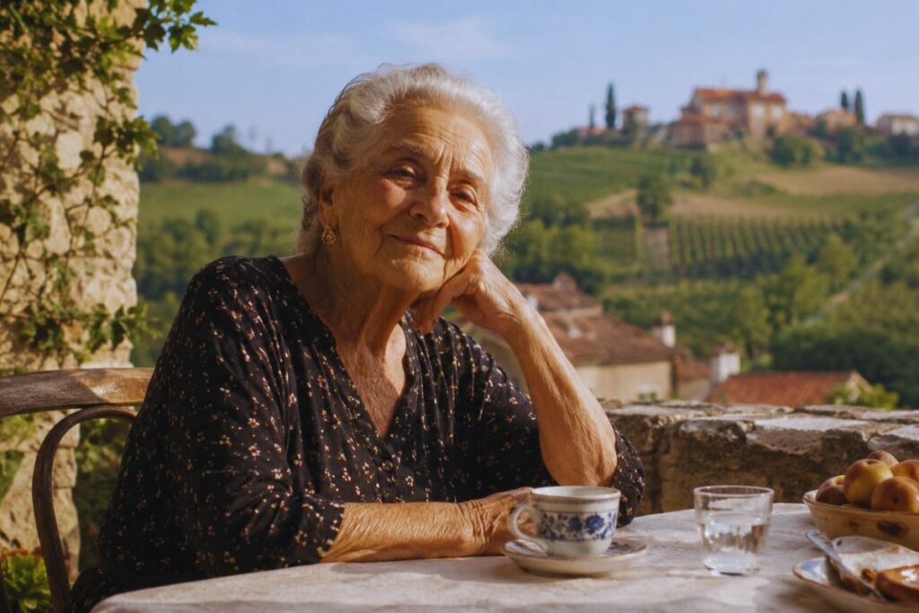 Anziana nonna italiana seduta a un tavolo all’aperto tra colline e vigneti, simbolo del trend nonna maxxing e dello stile di vita slow.