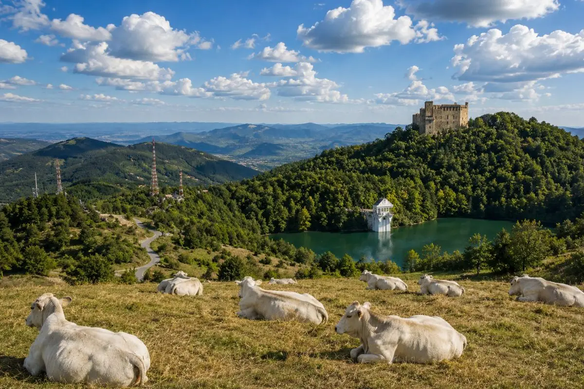 Paesaggio dell’Oltrepò Pavese tra montagne, lago e pascoli ai confini della Lombardia