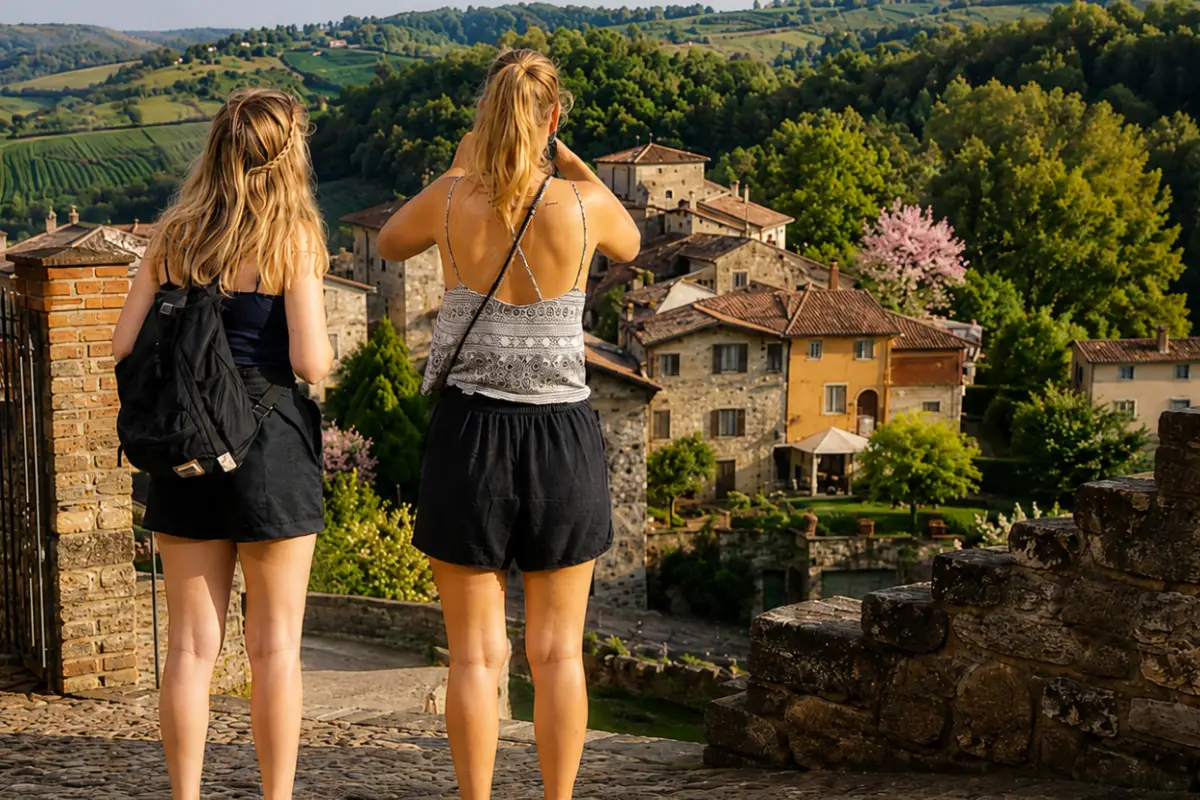 Due visitatrici osservano un borgo dell'Oltrepò Pavese ad agosto tra colline e vigneti