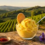 Gelato allo zafferano con pistilli e fiori di croco davanti ai vigneti dell’Oltrepò Pavese in estate.