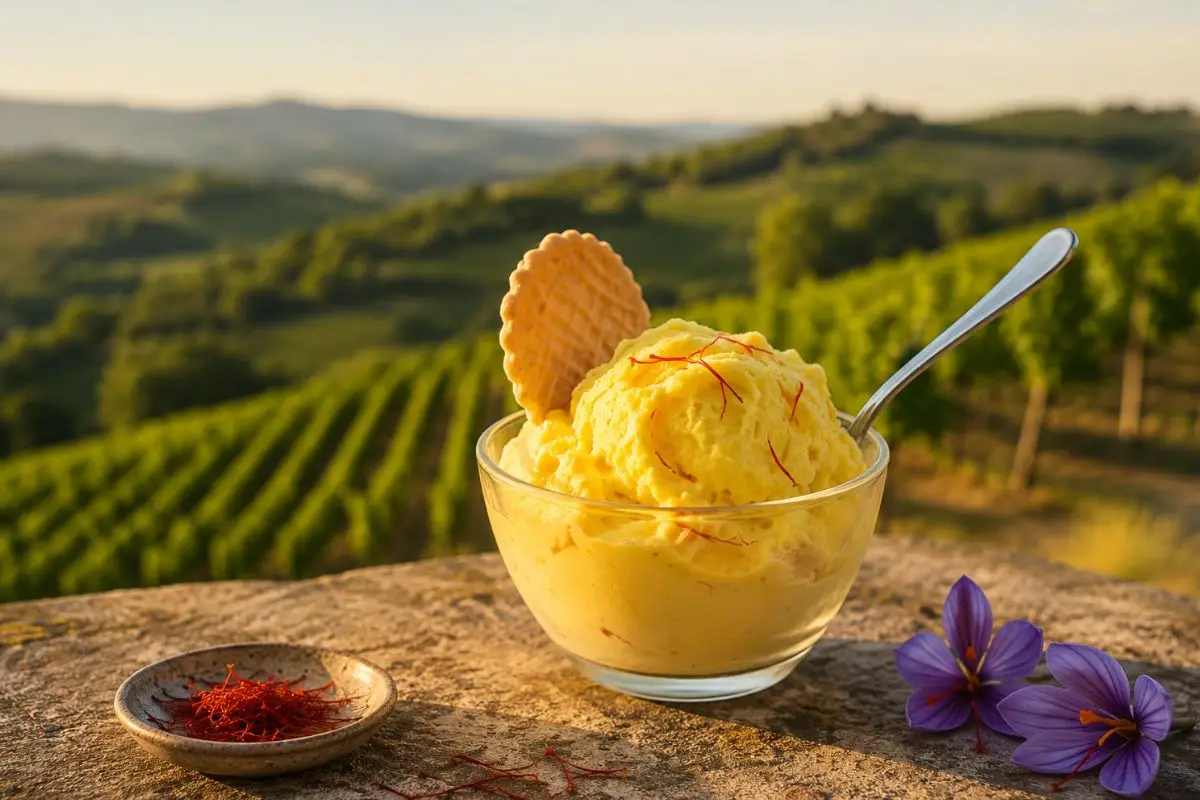 Gelato allo zafferano con pistilli e fiori di croco davanti ai vigneti dell’Oltrepò Pavese in estate.