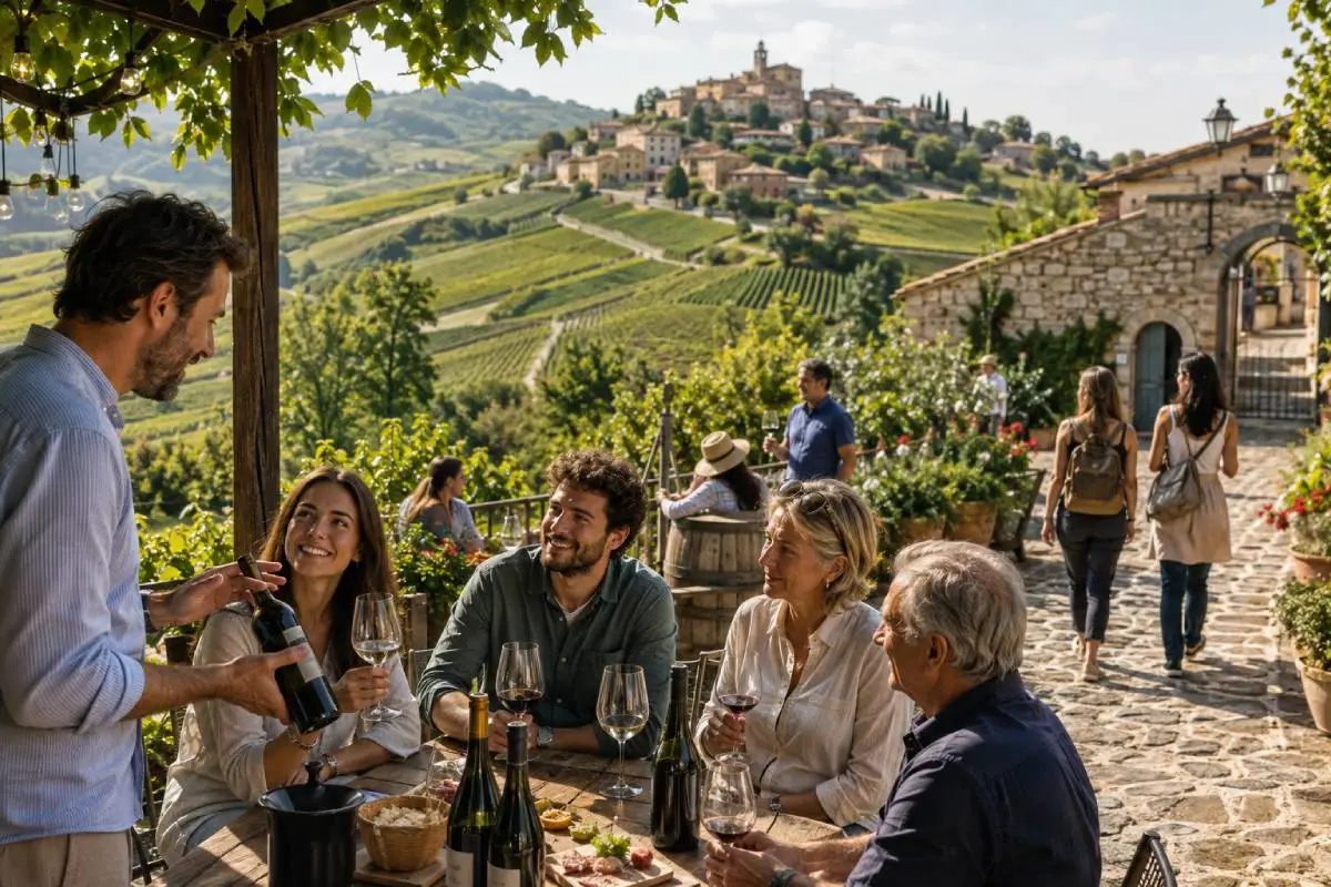 Turisti in Oltrepò Pavese durante una degustazione tra vigneti e borghi