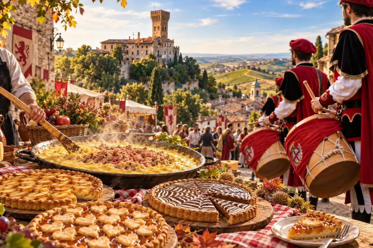 Castello e borgo dell’Oltrepò Pavese con rievocazione medievale, tamburini in costume e tavolo con polenta e torte tradizionali