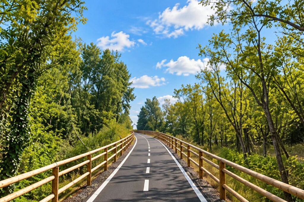 Greenway Voghera-Varzi immersa nel verde con cielo azzurro e percorso ciclabile tra gli alberi
