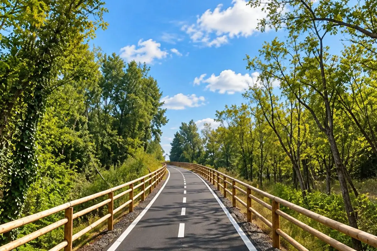 Greenway Voghera-Varzi immersa nel verde con cielo azzurro e percorso ciclabile tra gli alberi