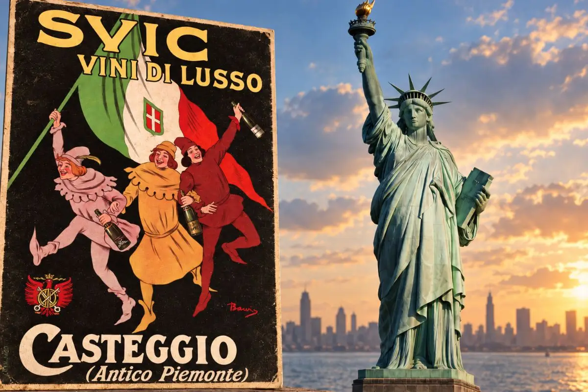 Locandina storica SVIC di Casteggio accanto alla Statua della Libertà a New York