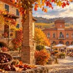 Scorcio autunnale in Oltrepò Pavese con borgo in pietra, piazza con bancarelle, castagne in primo piano e colori del foliage