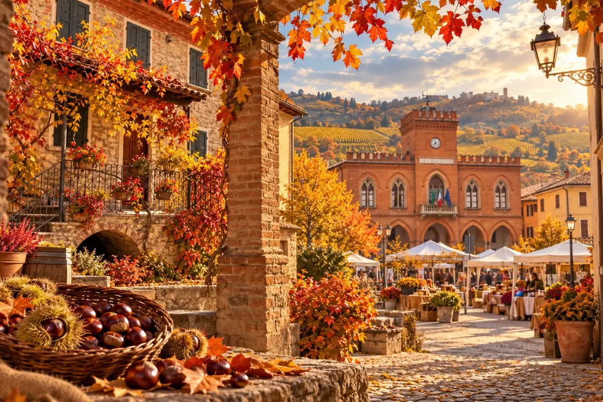 Scorcio autunnale in Oltrepò Pavese con borgo in pietra, piazza con bancarelle, castagne in primo piano e colori del foliage
