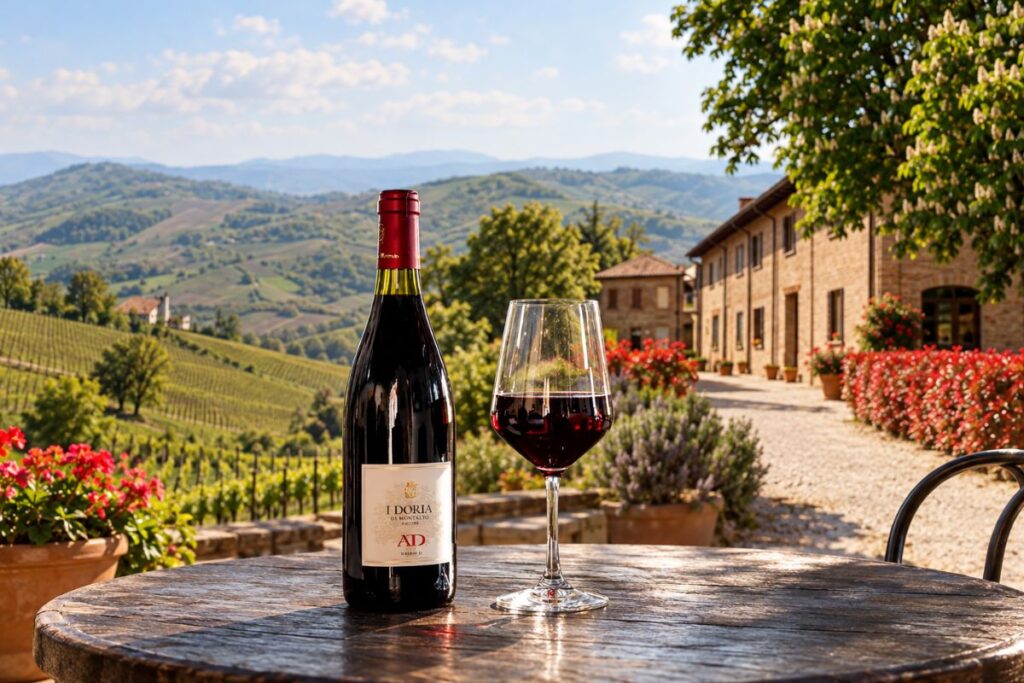 Bottiglia di vino e calice davanti ai vigneti e all’agriturismo a Montalto Pavese durante la Festa di fine Vendemmia