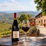 Bottiglia di vino e calice davanti ai vigneti e all’agriturismo a Montalto Pavese durante la Festa di fine Vendemmia