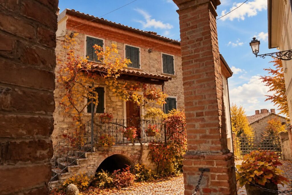 Fortunago in autunno tra case in pietra e colori autunnali nell’Oltrepò Pavese