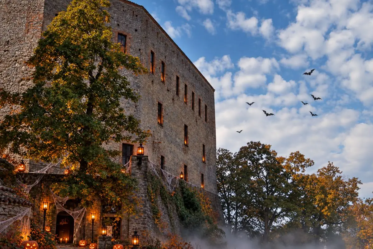 Castello Dal Verme di Zavattarello decorato per Halloween con zucche illuminate, pipistrelli e atmosfere misteriose per l'evento del 31 ottobre 2026.