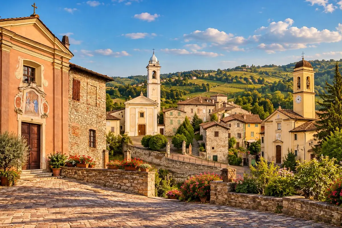 Veduta dei borghi storici della Valle Versa in Oltrepò Pavese, tra chiese, case in pietra e colline ricoperte di vigneti.