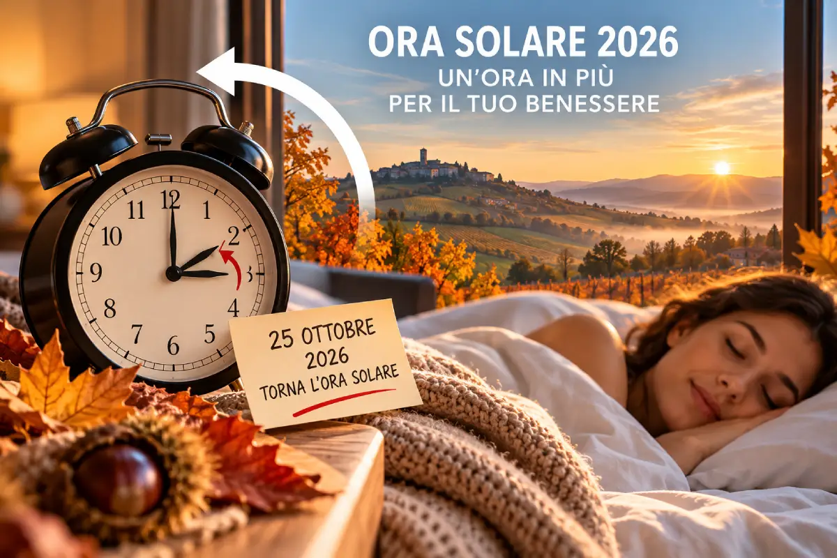 Ora solare 2026, sveglia e donna che dorme davanti a un paesaggio autunnale