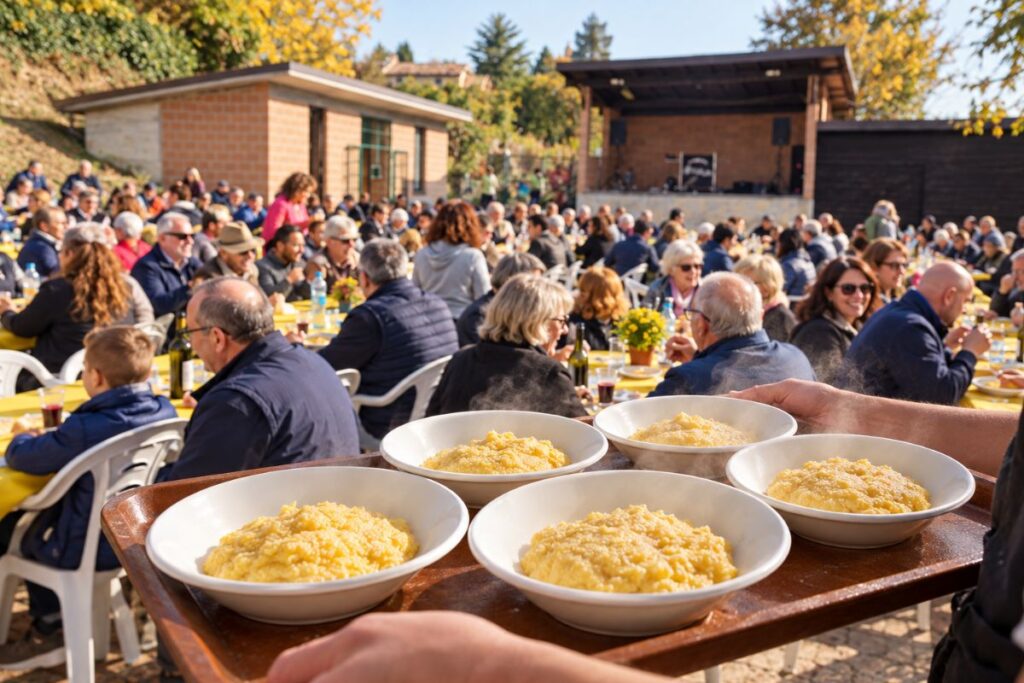 Sagra del Paese di Cigognola 2026 nell'Oltrepò Pavese, con piatti di polenta in primo piano e partecipanti alla festa organizzata dalla Pro Loco.