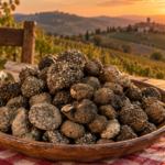 Cesto di tartufi su una tavola rustica con le colline e i vigneti dell’Oltrepò Pavese al tramonto