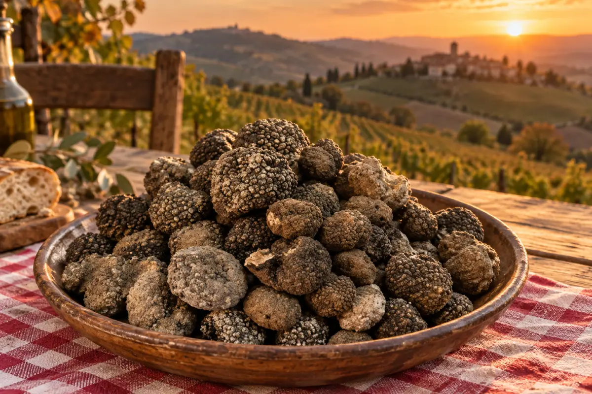 Cesto di tartufi su una tavola rustica con le colline e i vigneti dell’Oltrepò Pavese al tramonto