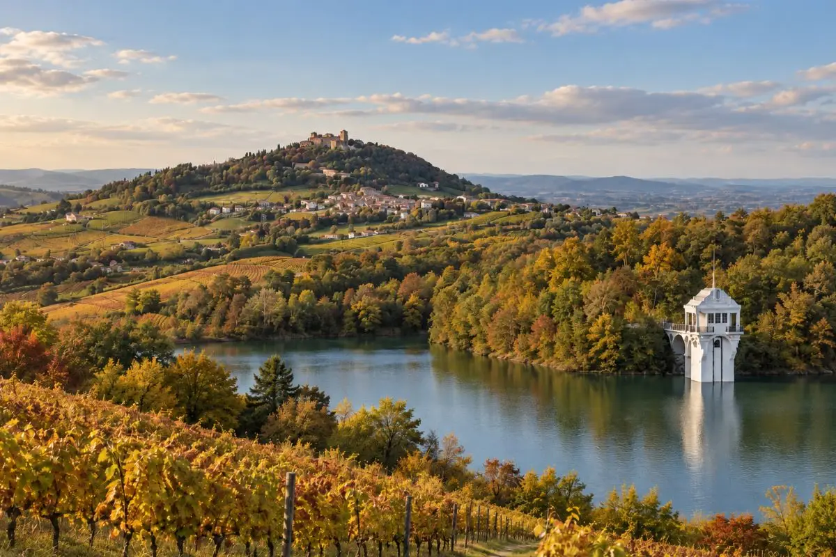 Vista autunnale tra i vigneti di Montalto Pavese e il Lago di Trebecco, con colline e colori dell’Oltrepò Pavese.