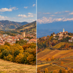 Collage autunnale con il borgo di Varzi in Valle Staffora e le colline vitate della Valle Versa, in Oltrepò Pavese.