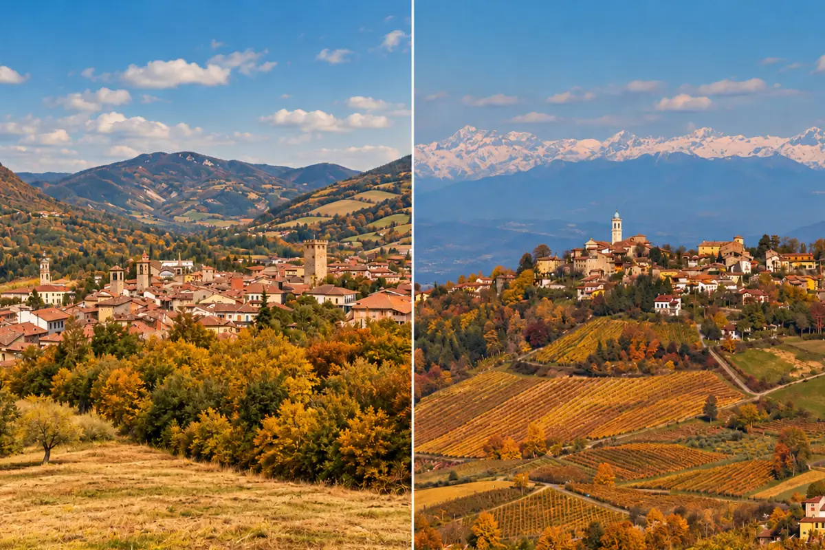 Collage autunnale con il borgo di Varzi in Valle Staffora e le colline vitate della Valle Versa, in Oltrepò Pavese.