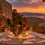 Castello medievale illuminato per Halloween, tavola apparecchiata e colline dell’Oltrepò Pavese avvolte nei colori del foliage autunnale al tramonto.