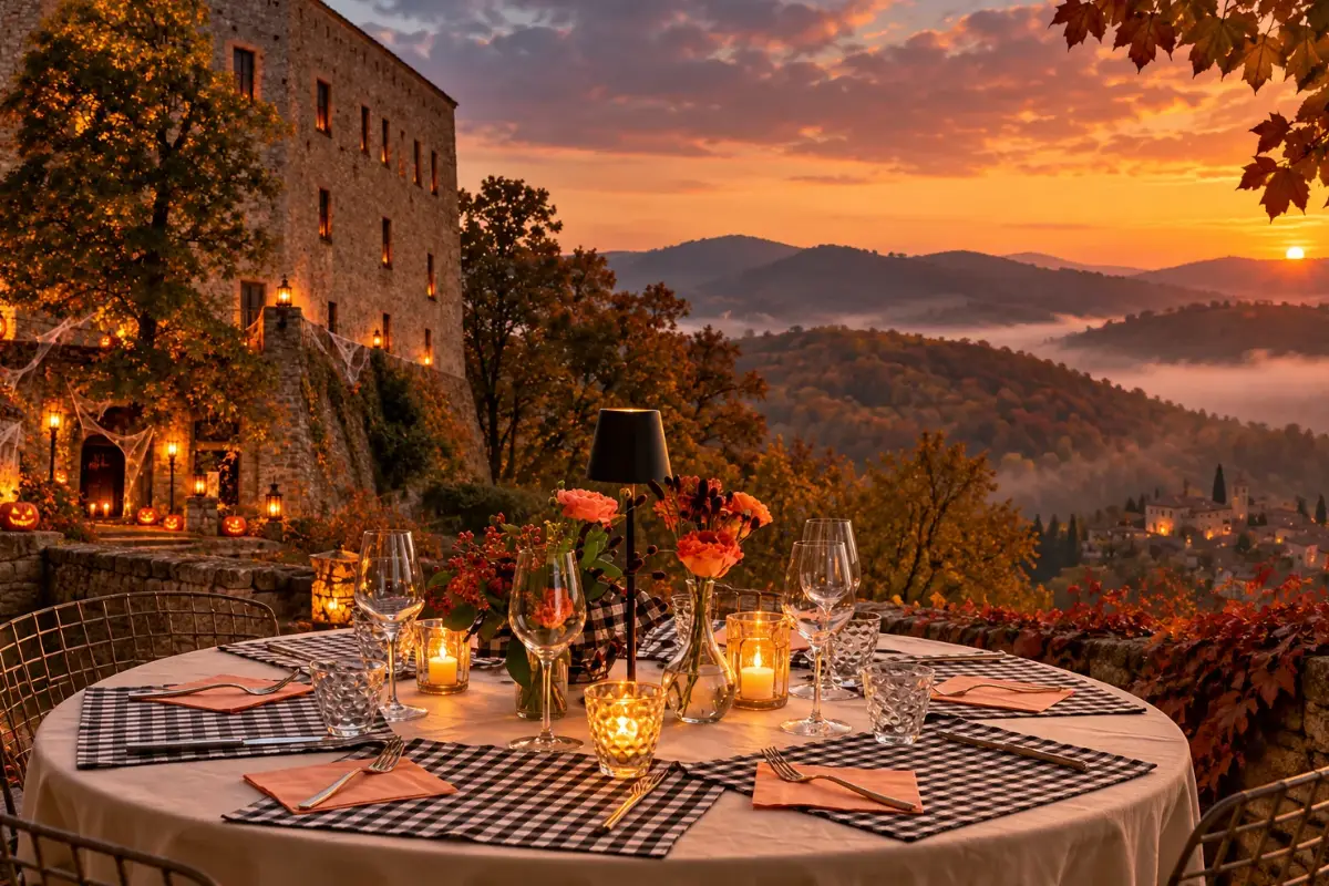 Castello medievale illuminato per Halloween, tavola apparecchiata e colline dell’Oltrepò Pavese avvolte nei colori del foliage autunnale al tramonto.